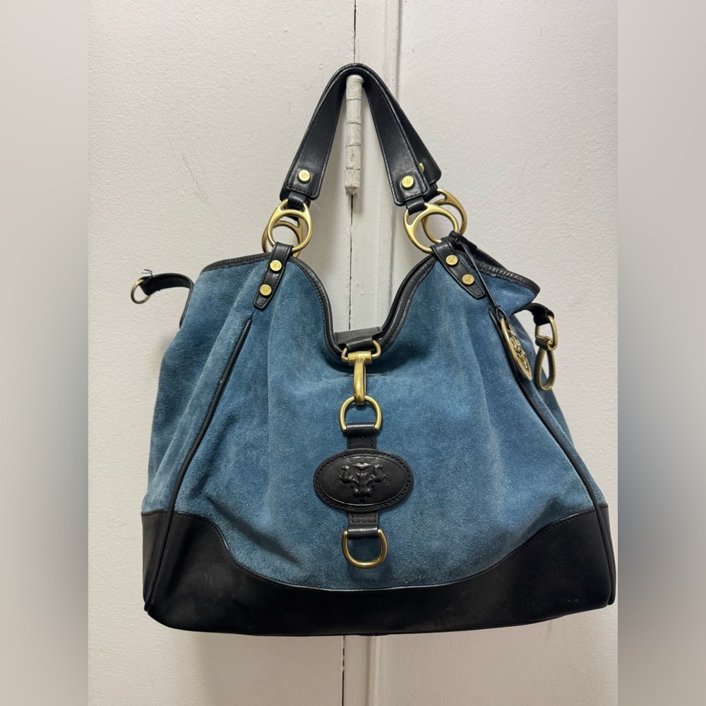 Prix de Dressage Blue Saddlebag Suede Shoulder Bag Black Leather Trim bag charm